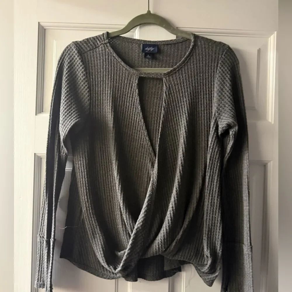 Daytrip Surplice Top Long Sleeve Waffle Knit Top in Charcoal Gray